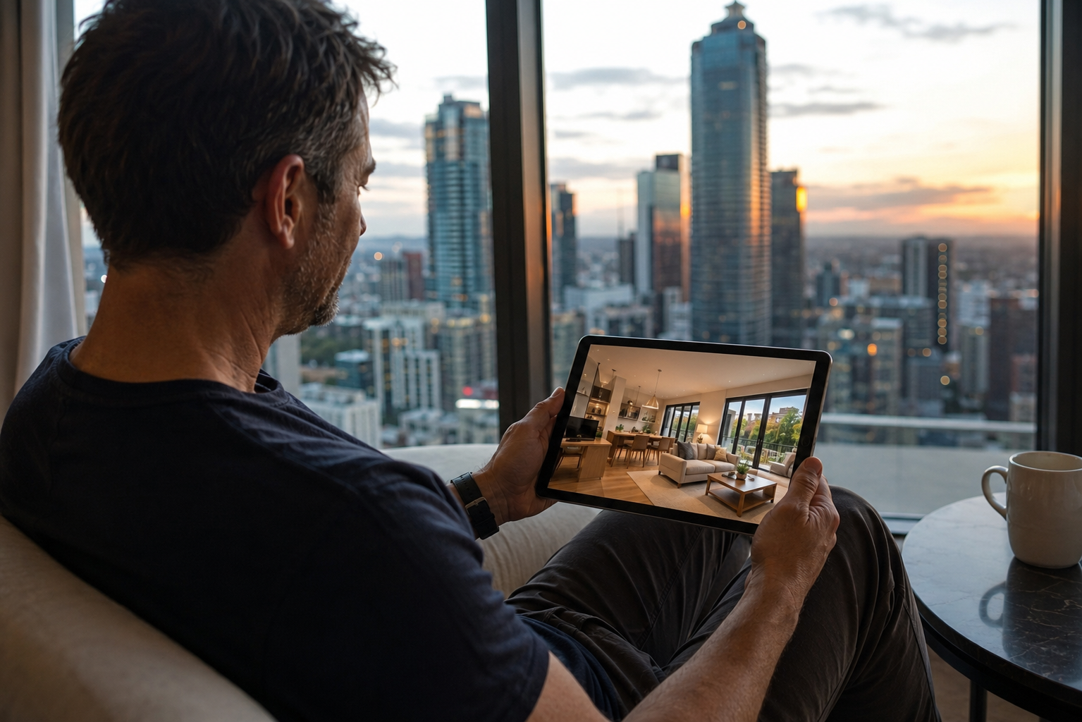 An overseas owner viewing their Auckland home on a tablet from a high-rise apartment abroad
