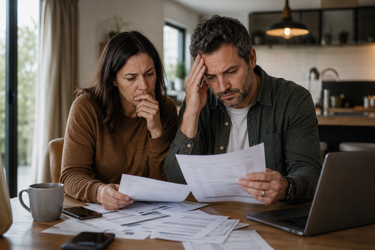 A couple reviewing property management paperwork and invoices at home