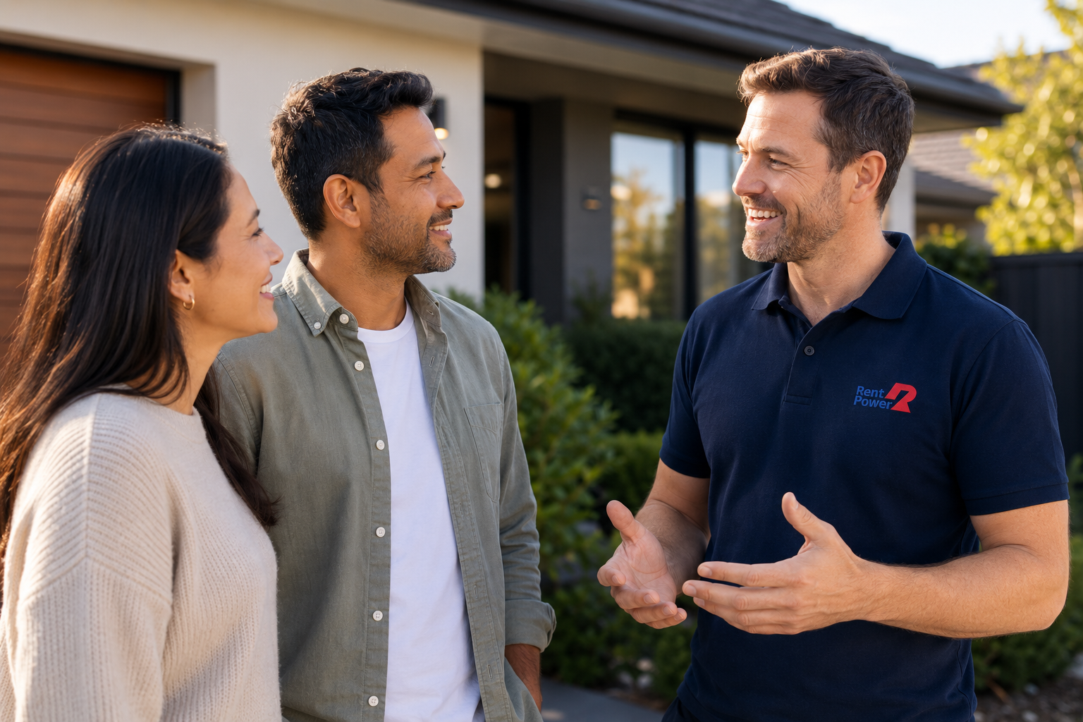 A Rent Power property manager talking with homeowners outside their home